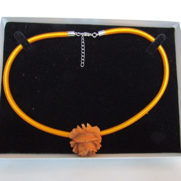 LC Carved Baltic Amber Burnt Orange Color Carved Rose Pendant attached to Silk 5 - Picture 8 of 8
